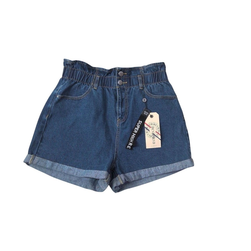 New Denim Blvd Jean Shorts High Rise Bag Waist Lose Fit Rolled‎ Hem Womens S